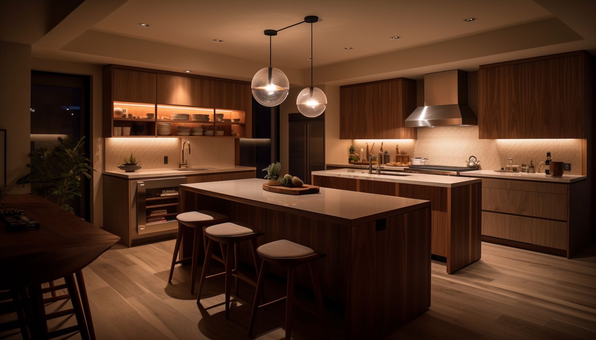 Modern kitchen with wooden cabinets, island with stools, and pendant lights; warm lighting.
