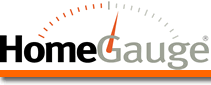 A logo for home gauge with a clock on it.