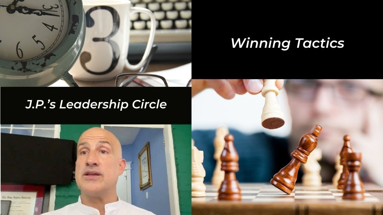 Composite image: Clock, coffee cup, keyboard, chess, man speaking, text