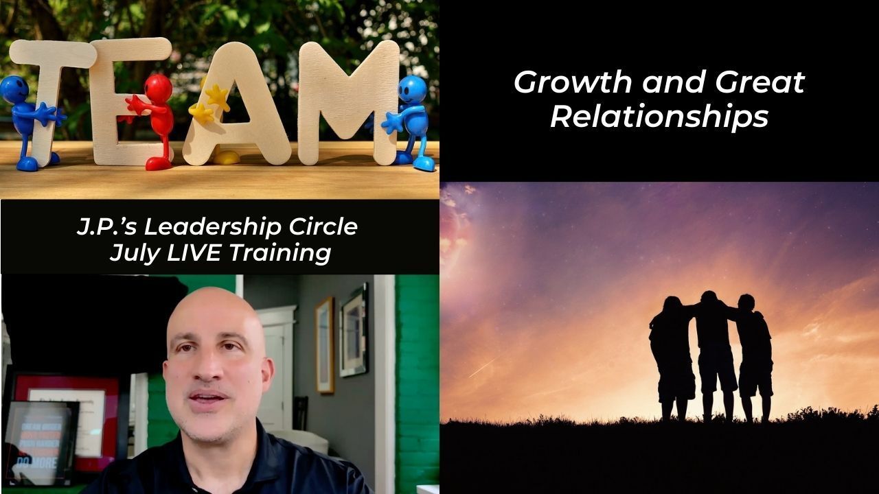 Promotional image for leadership training: man, team word, figures, text