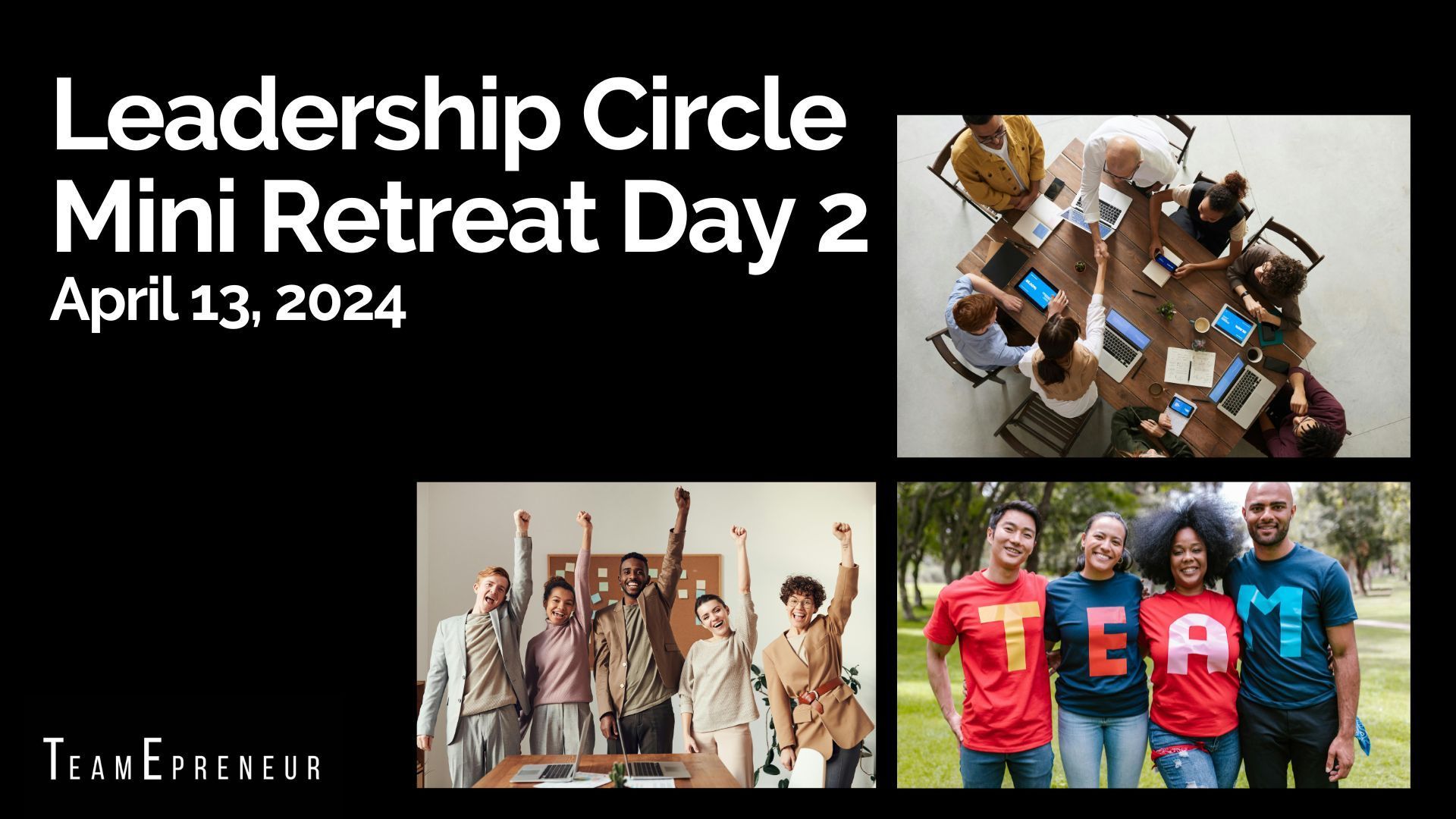 Leadership circle retreat day two: Group of people at a table, raising arms, and wearing