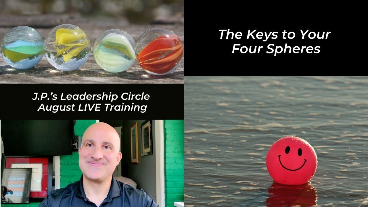 Four marbles, black text on a white background, and a red smiley face sphere with a man on a video call.