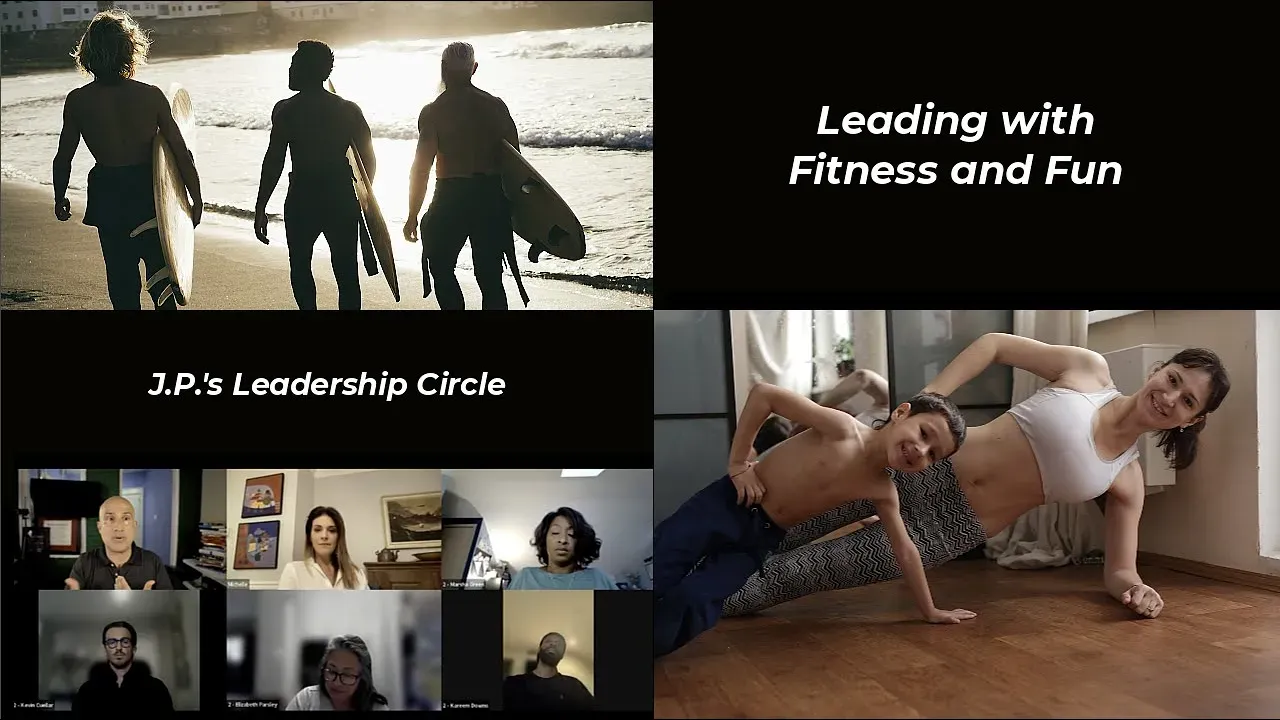 Surfers on beach, woman and child exercising, and virtual meeting with title