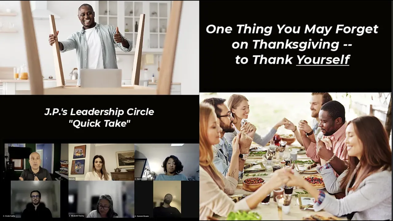 Composite: A man holding chair parts, a Thanksgiving table, and a video call. Text: