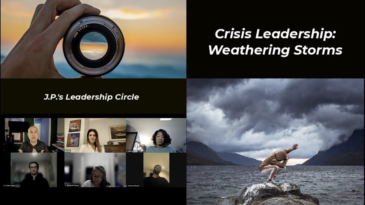 A presentation on crisis leadership. Images of a lens, stormy weather, and a video call of people.