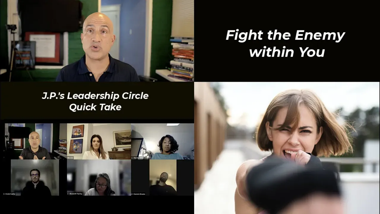 Leadership circle video; man speaks on screen, Zoom meeting on bottom left, woman pointing in anger on right.