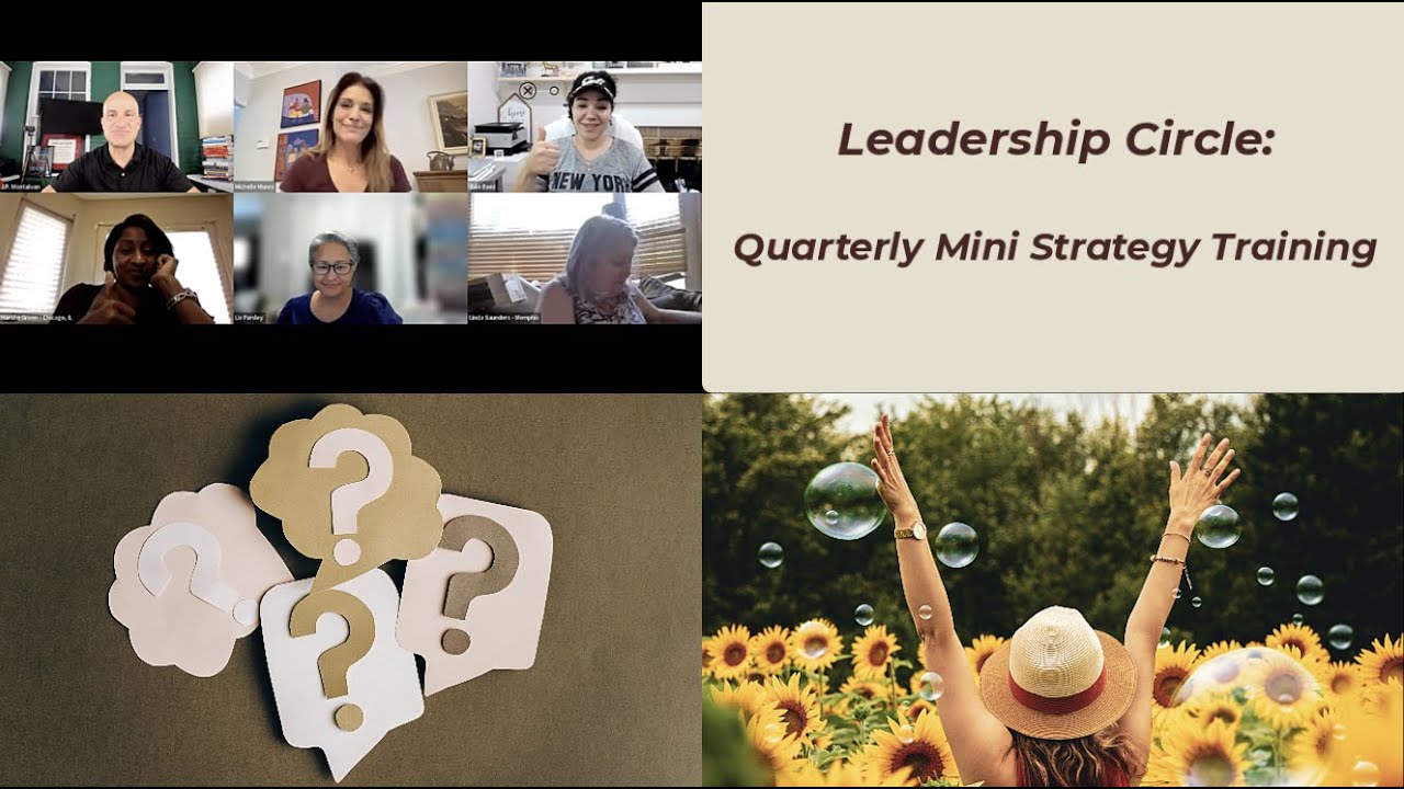 Leadership circle quarterly training, virtual meeting and woman in sunflower field with bubbles. Question mark cutouts.