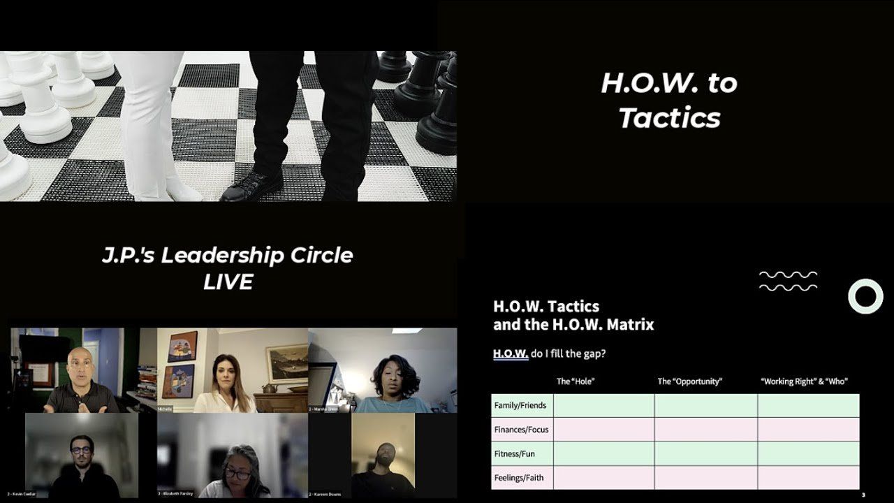 Leadership circle live: Chessboard, participants in video call, slides on