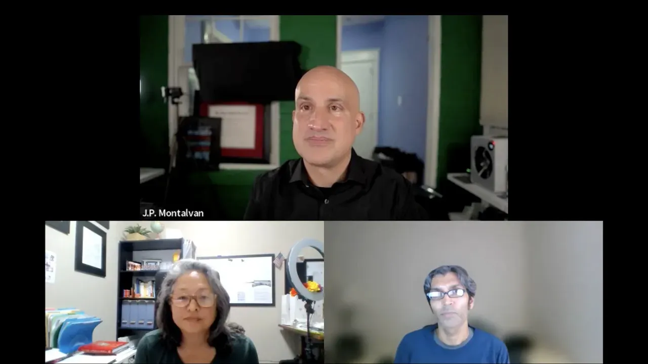 Three people in a video conference; top: bald man; bottom left: woman; bottom right: man. All are looking toward the camera.