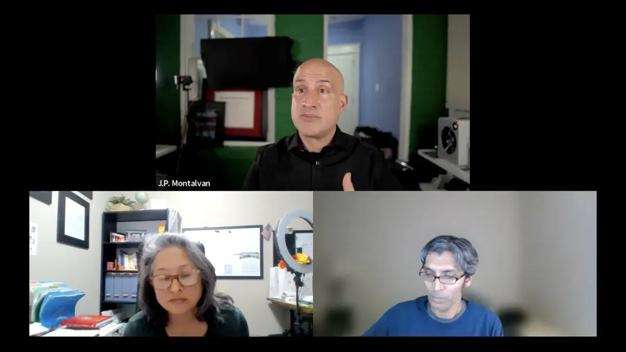 Three people in a video conference; top person speaking, the other two listening.