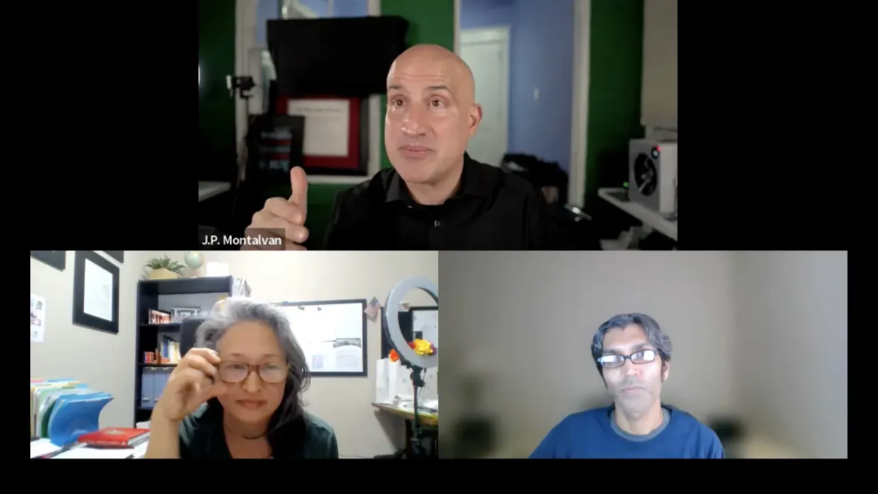 Three people in a video conference; one points, two look on. Green, beige, and white backgrounds.
