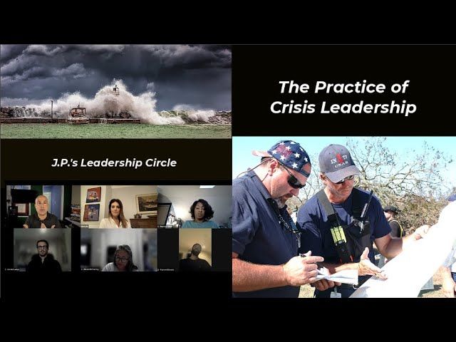 Presentation on crisis leadership; left: video call, storm image; right: men reviewing documents outdoors.