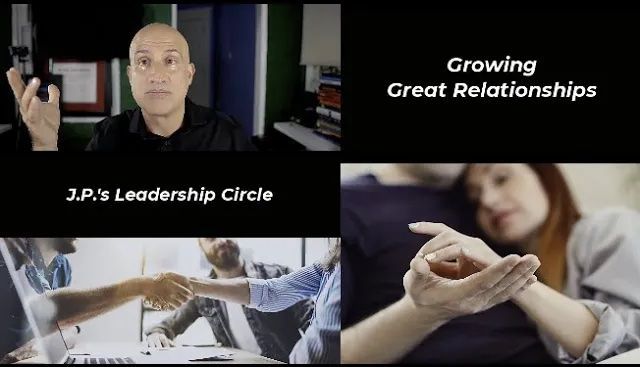 Four panels: man with gun, text “Growing Great Relationships,” people shaking hands, couple holding hands.