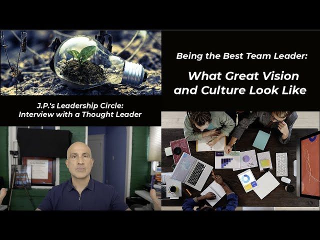 Split screen with leadership theme: bulb with plant, team meeting, man speaking, text:
