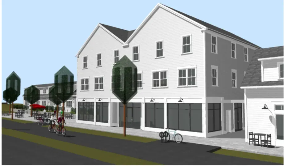 an artist 's impression of a building with bicycles parked in front of it