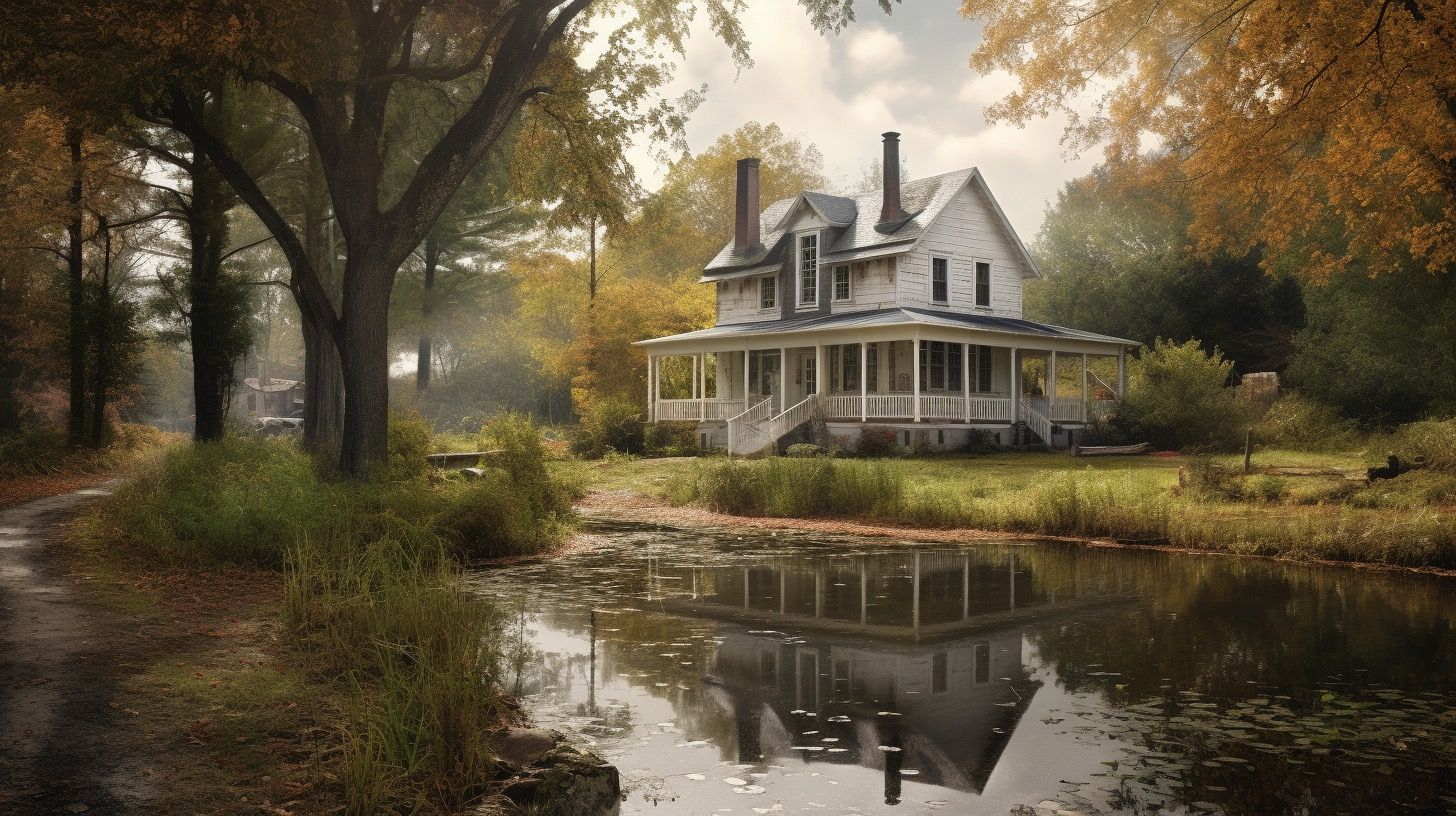 a white house sits on the shore of a pond
