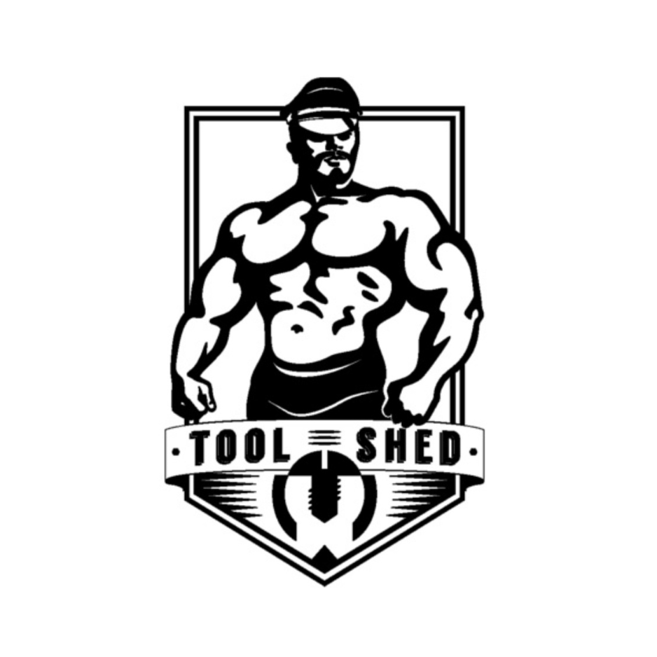 Black-and-white logo of a muscular man above the words "TOOL SHED" in a shield emblem