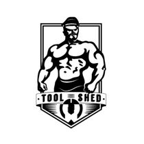 Black-and-white logo of a muscular man above the words "TOOL SHED" in a shield emblem