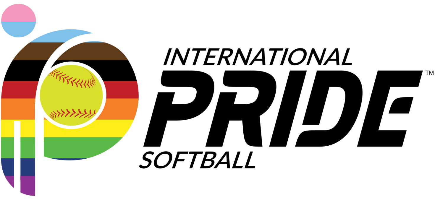 International Pride Softball logo with rainbow “P” and rainbow softball