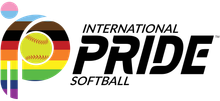 International Pride Softball logo with rainbow “P” and rainbow softball