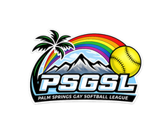 PSGSL Palm Springs Gay Softball League logo with palm tree, mountains, rainbow, and softball