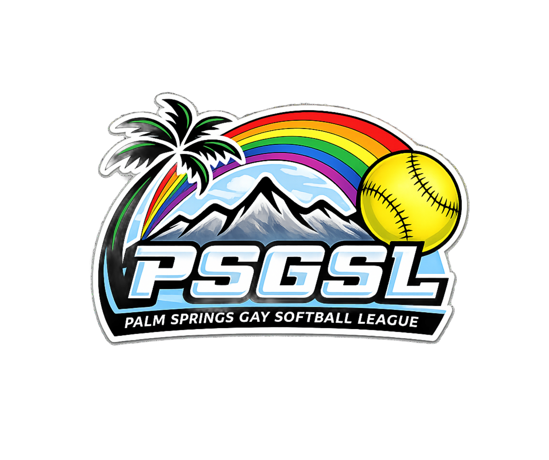 PSGSL Palm Springs Gay Softball League logo with palm trees, rainbow, mountains, and softball