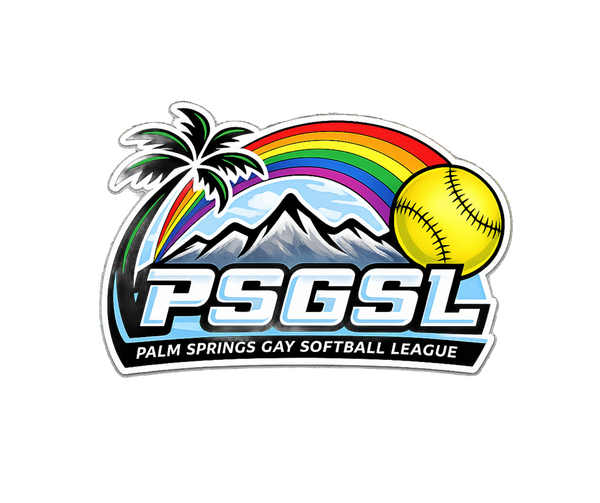 PSGSL Palm Springs Gay Softball League logo with palm trees, rainbow, mountains, and softball
