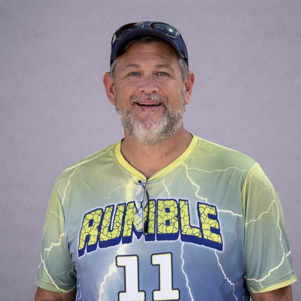 Smiling man in a blue cap wearing a yellow-and-blue Rumble jersey with number 11