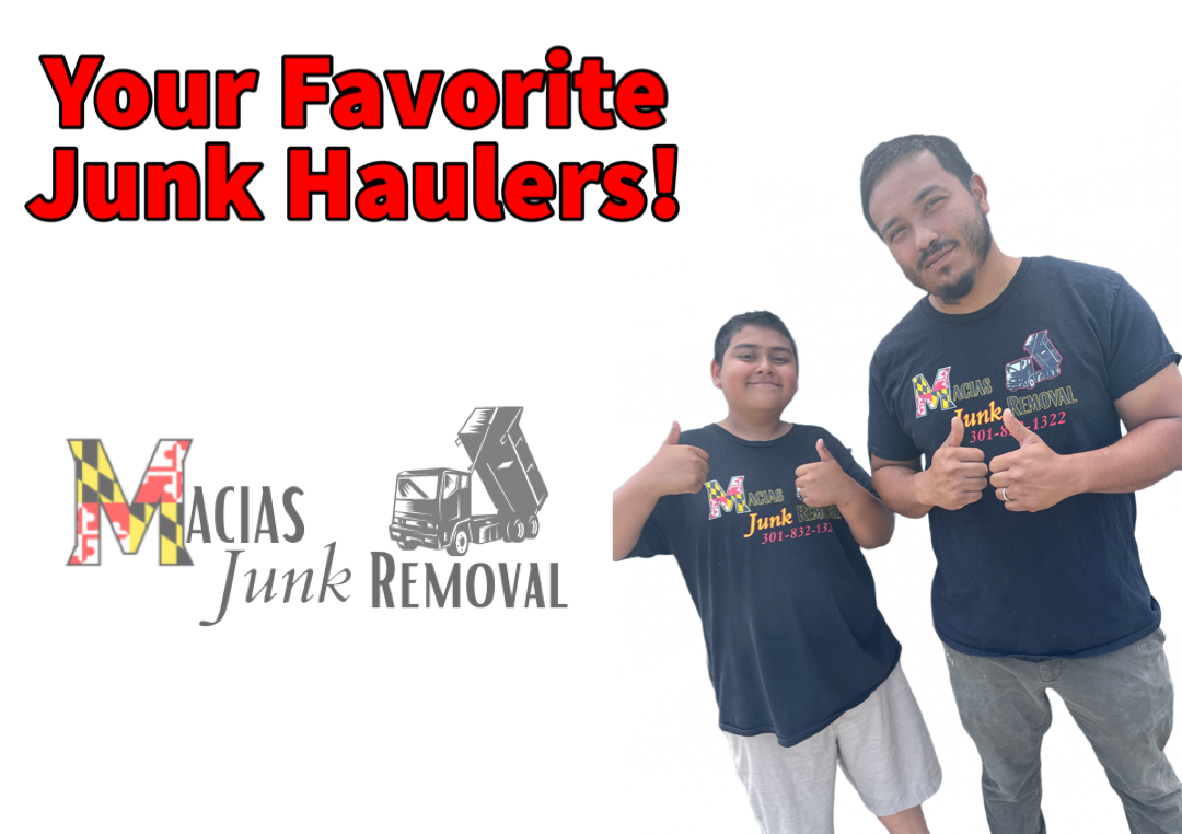 Two men giving thumbs up, promoting Macias Junk Removal. Red text says 