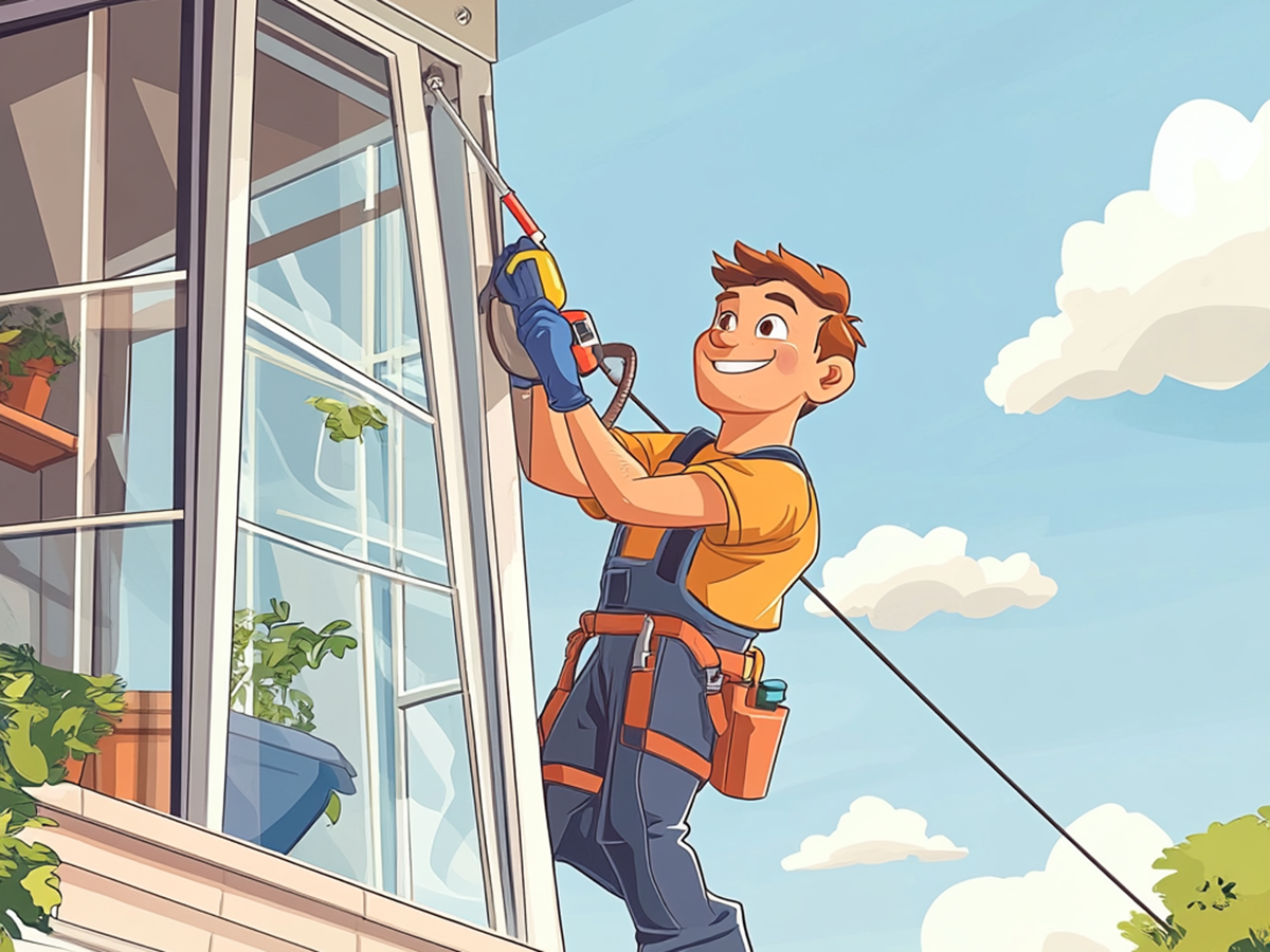 Fun cartoon of a window cleaner washing exterior windows. 