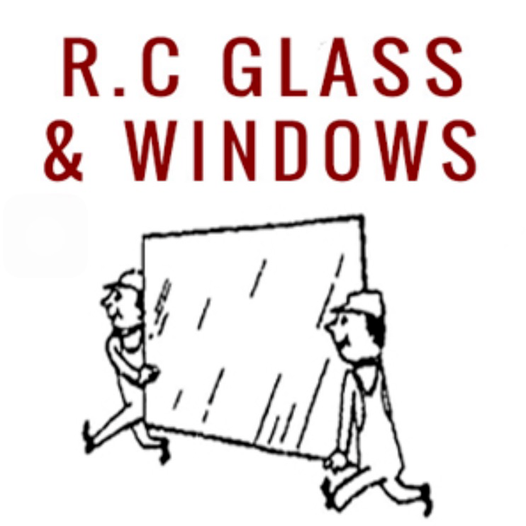 A logo for r.c glass and windows shows two men carrying a large piece of glass