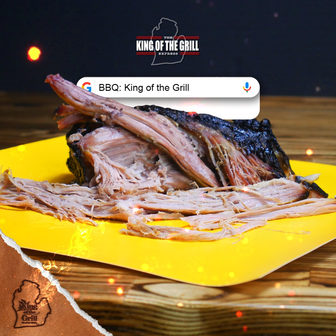Tender pulled pork  with Google search bar showing 'BBQ: King of the Grill' - showcasing our signature smoked meats