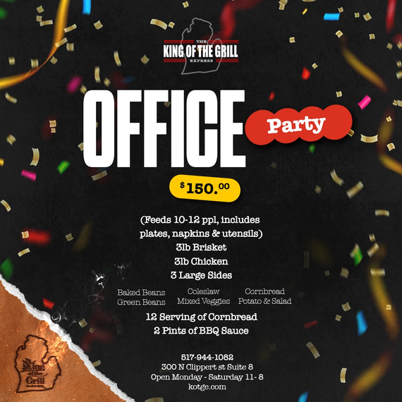 Office party catering package for 10-12 people featuring brisket, chicken, and sides - $150 complete meal deal
