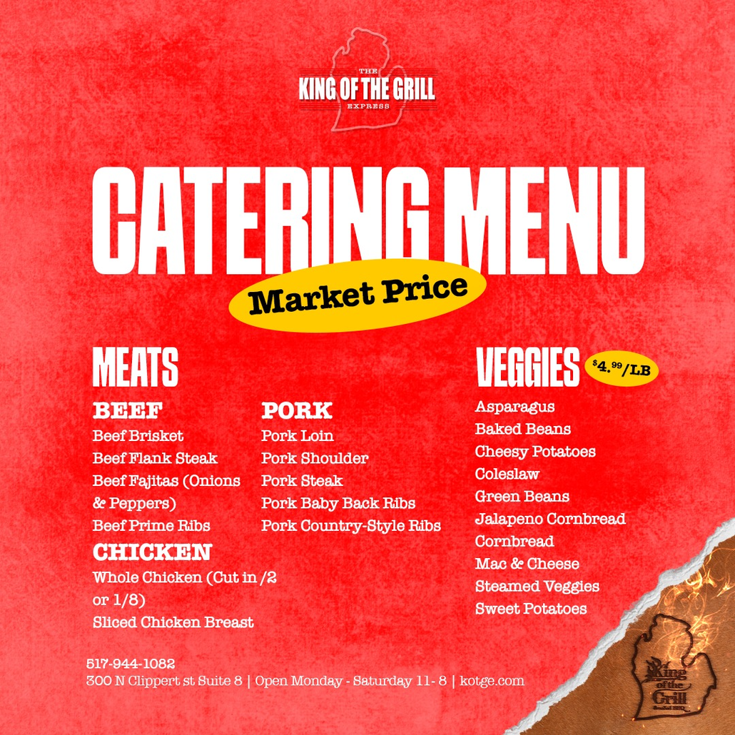 Catering menu at market price showing beef, pork, chicken options and veggie sides- King of the Grill Express bulk ordering