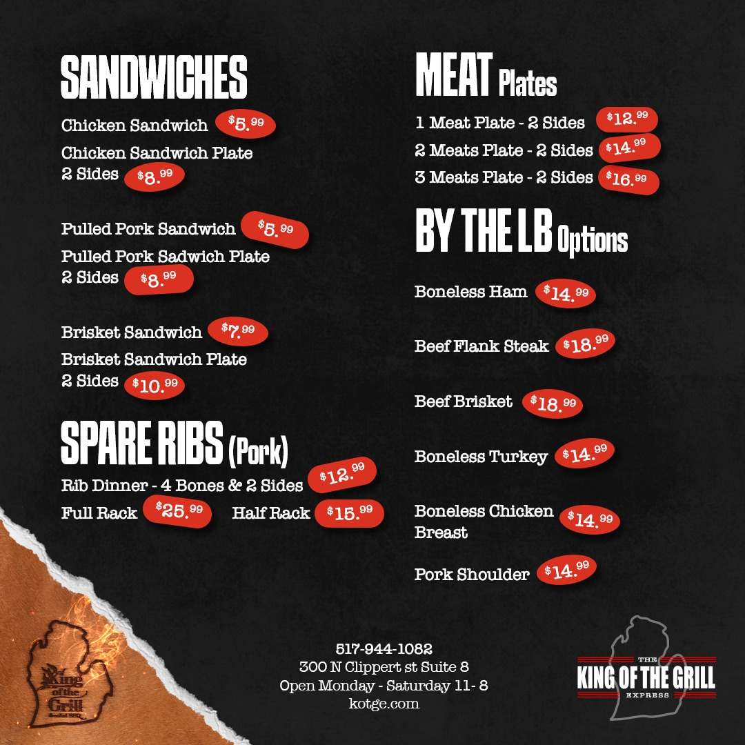 King of the Grill Express menu featuring sandwiches, spare ribs, and by-the-pound options with prices