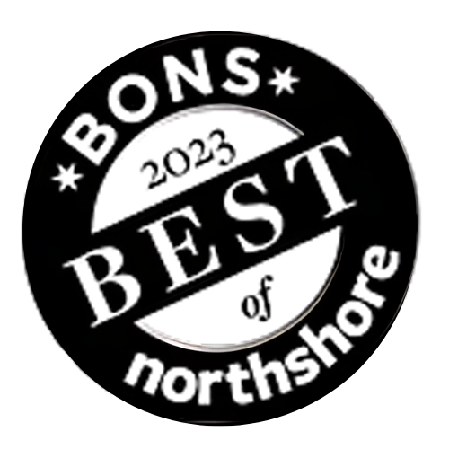 A black and white circle with the words `` best of northshore '' written inside of it.