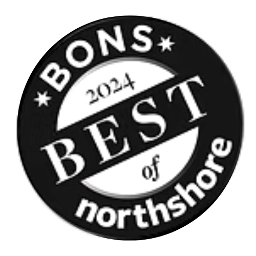 A black and white circle with the words `` best of northshore '' written inside of it.