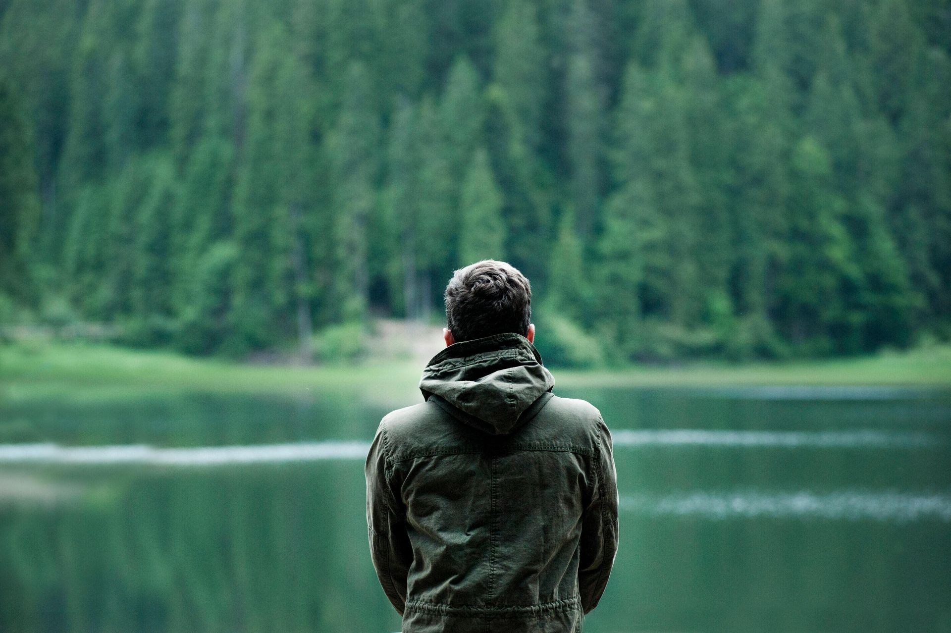 Man in green jacket looks out at a lake reflecting a forest, back to camera.