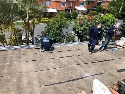 Trabajadores en una azotea, uno arrodillado y dos caminando cerca de herramientas y plantas al fondo.