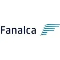 Logotipo de Fanalca en texto negro con emblema de rayas turquesas sobre fondo blanco.