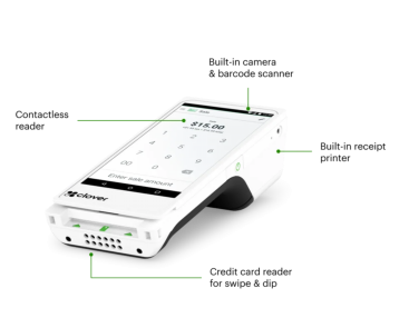 White Clover payment terminal with built-in camera, scanner, contactless reader, receipt printer, and card reader.