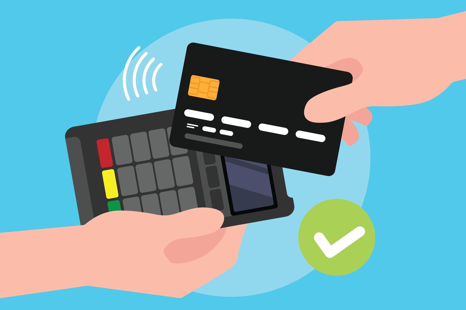 Person paying with a credit card at a point-of-sale terminal. A checkmark indicates a successful transaction.