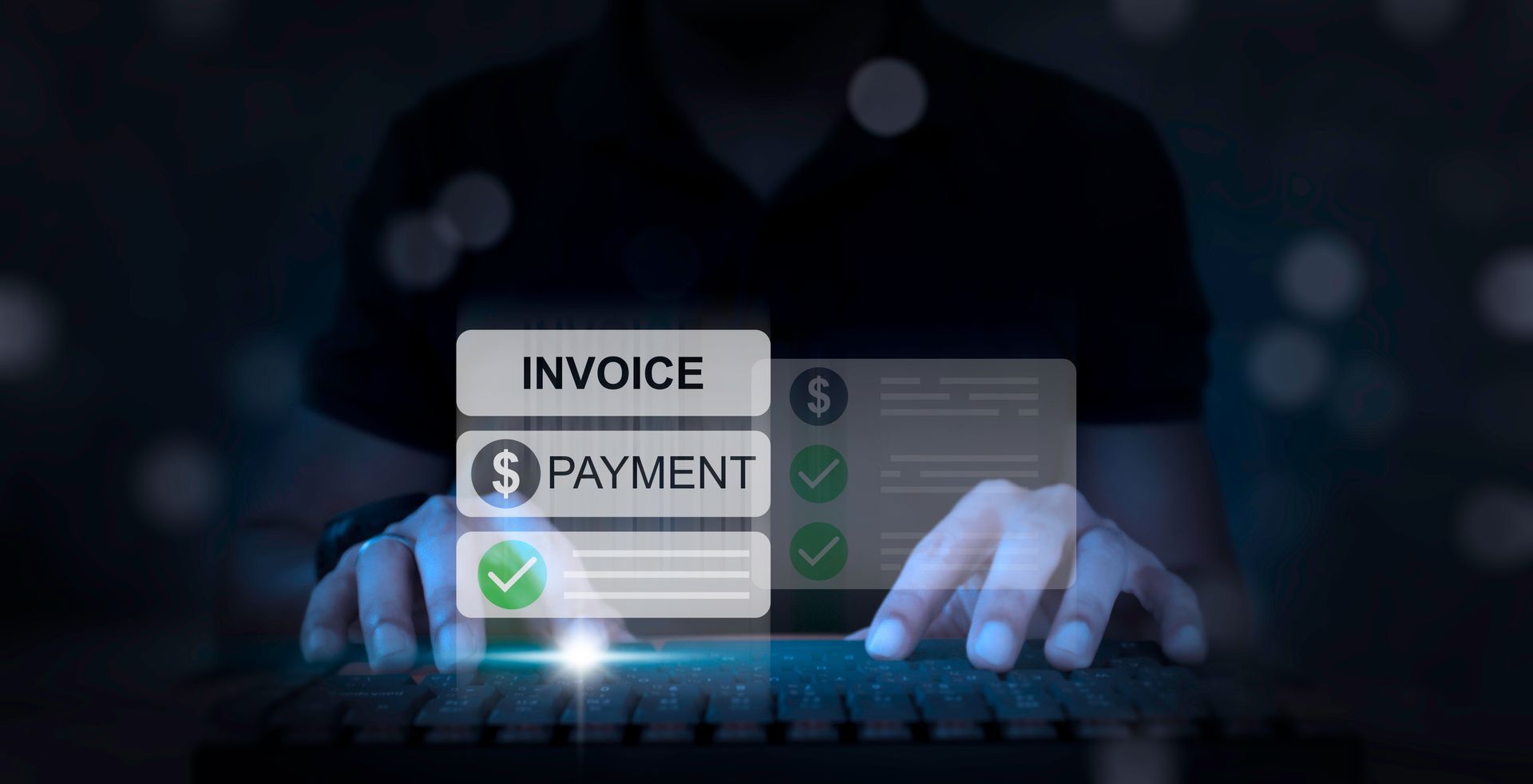 Hands typing on keyboard, with digital invoice and payment interface, completed checkmarks.