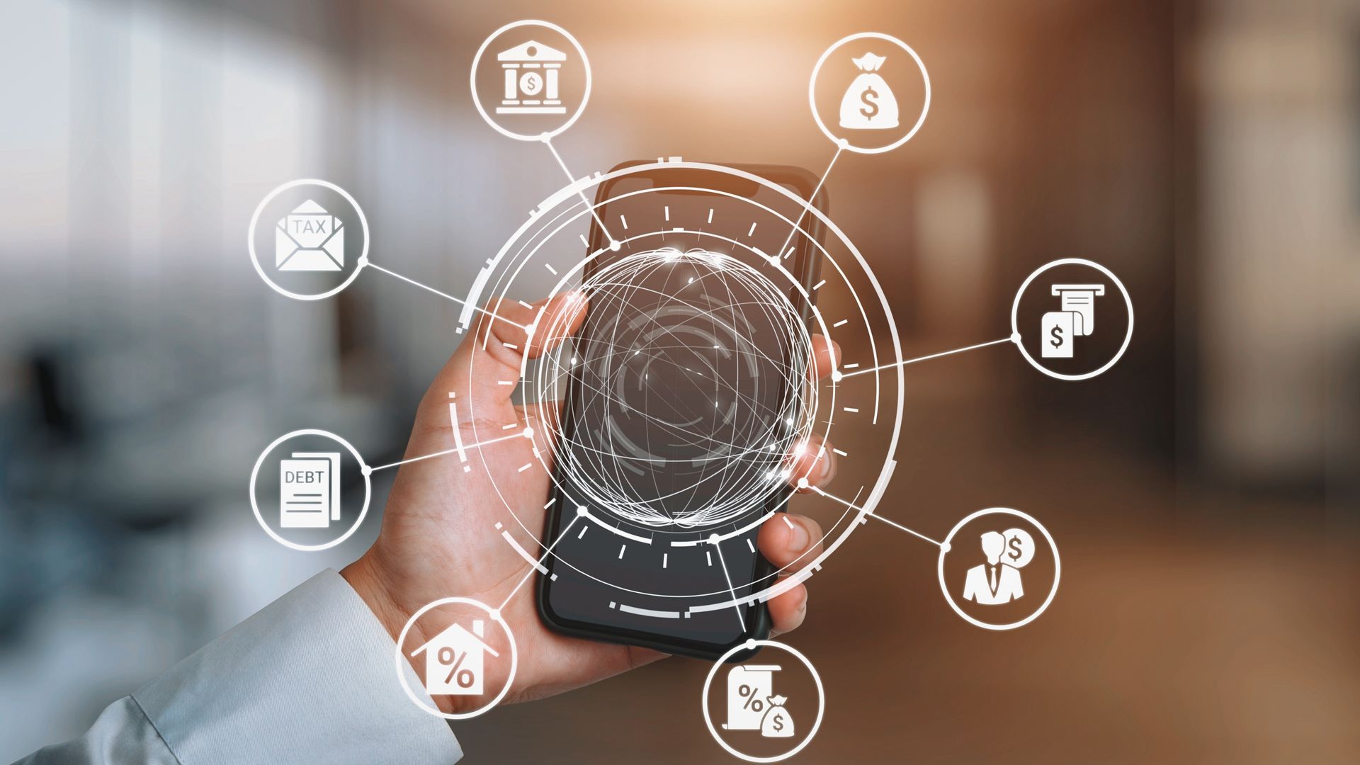 Hand holding phone with financial app icons overlaid, indicating mobile banking.