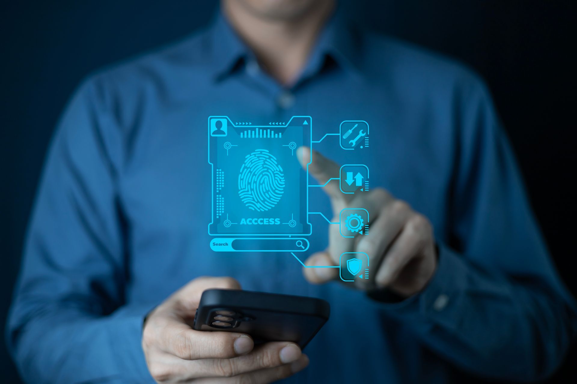 Man in blue shirt using smartphone with a digital fingerprint scan overlay.