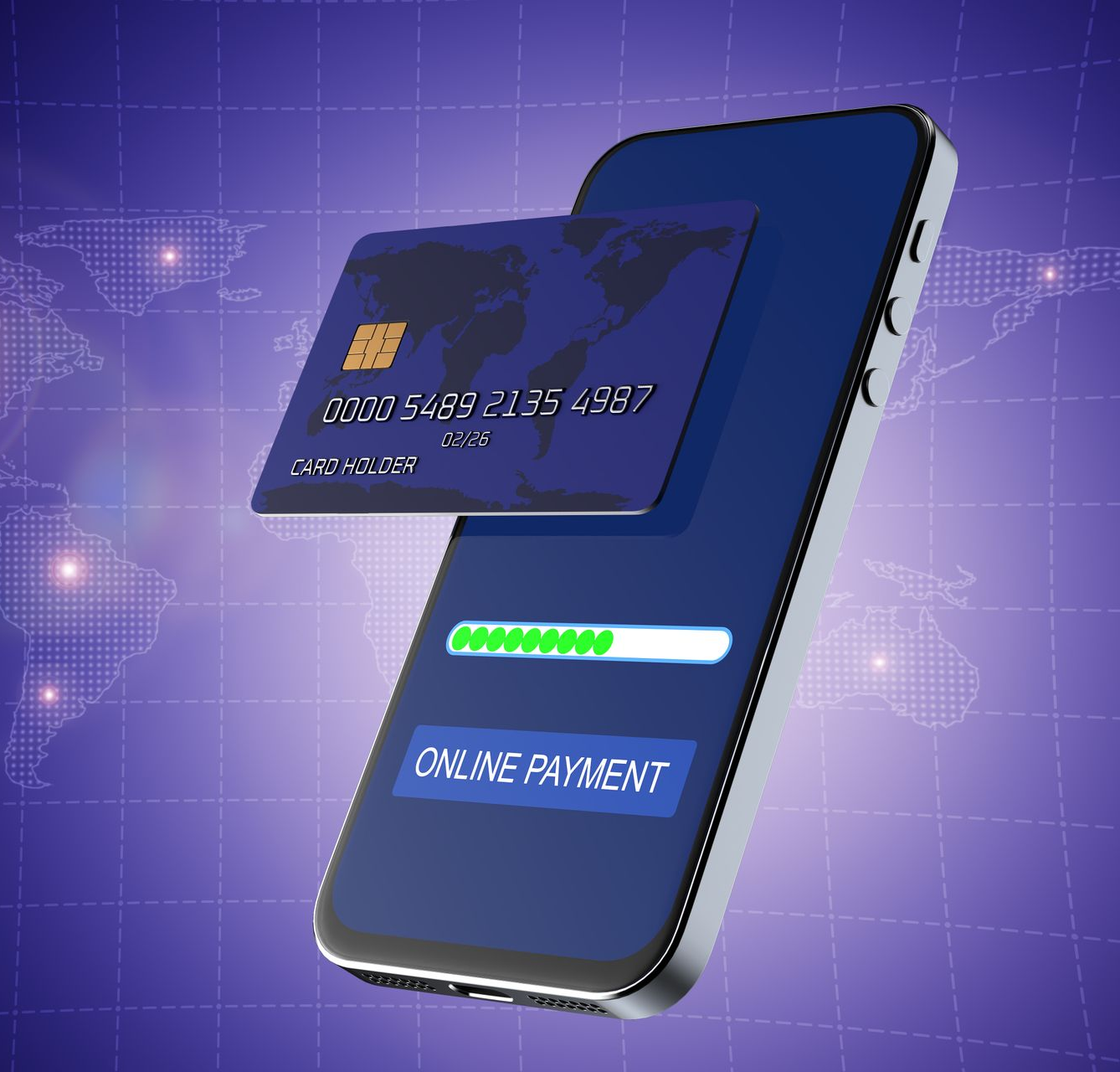 Smartphone with credit card, loading bar, and online payment button, on a blue world map background.