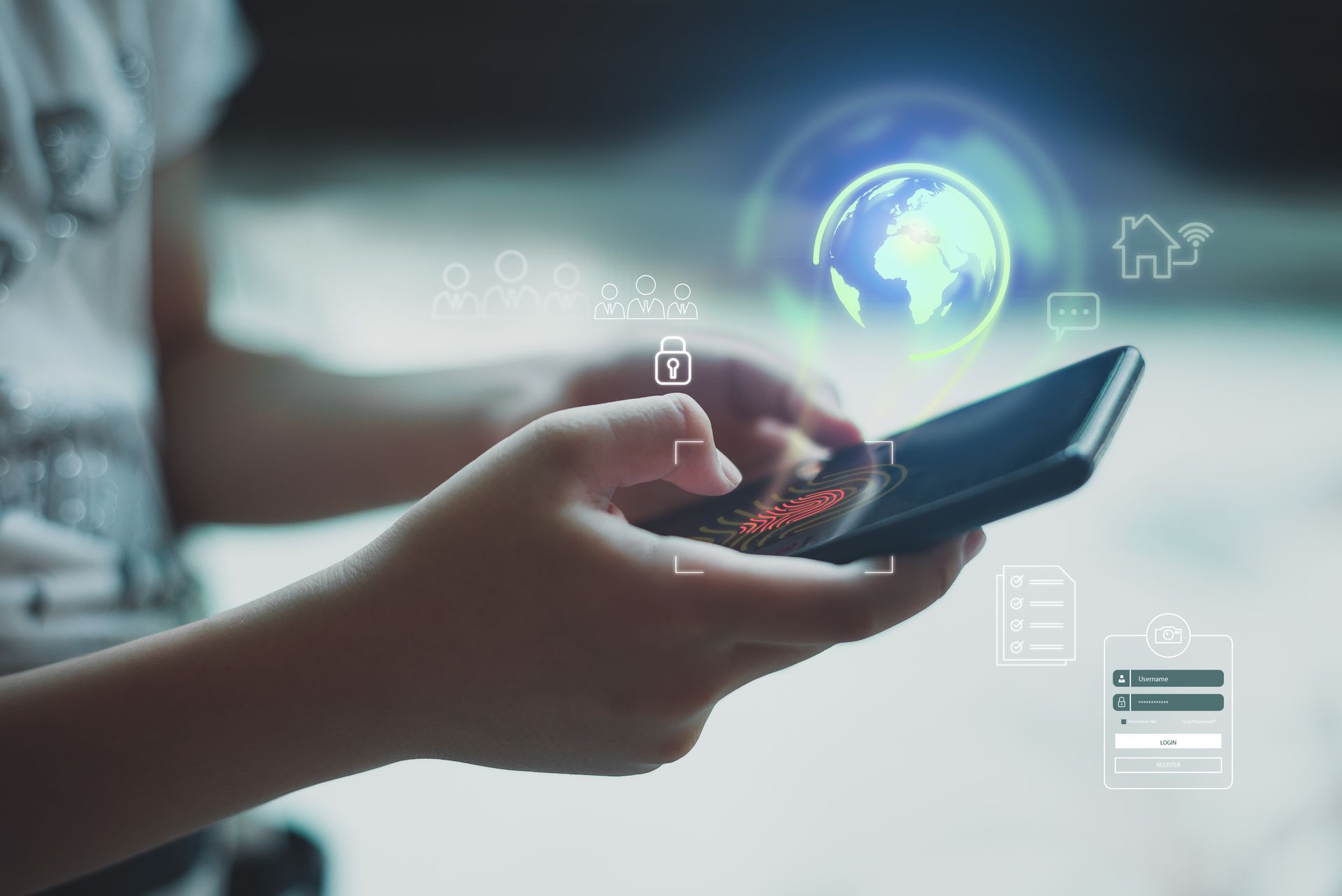 Person holding a smartphone with holographic icons of the globe, a house, and other digital elements displayed.