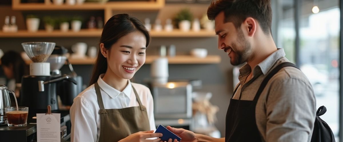 Two cafe workers smiling as a customer pays with their phone.