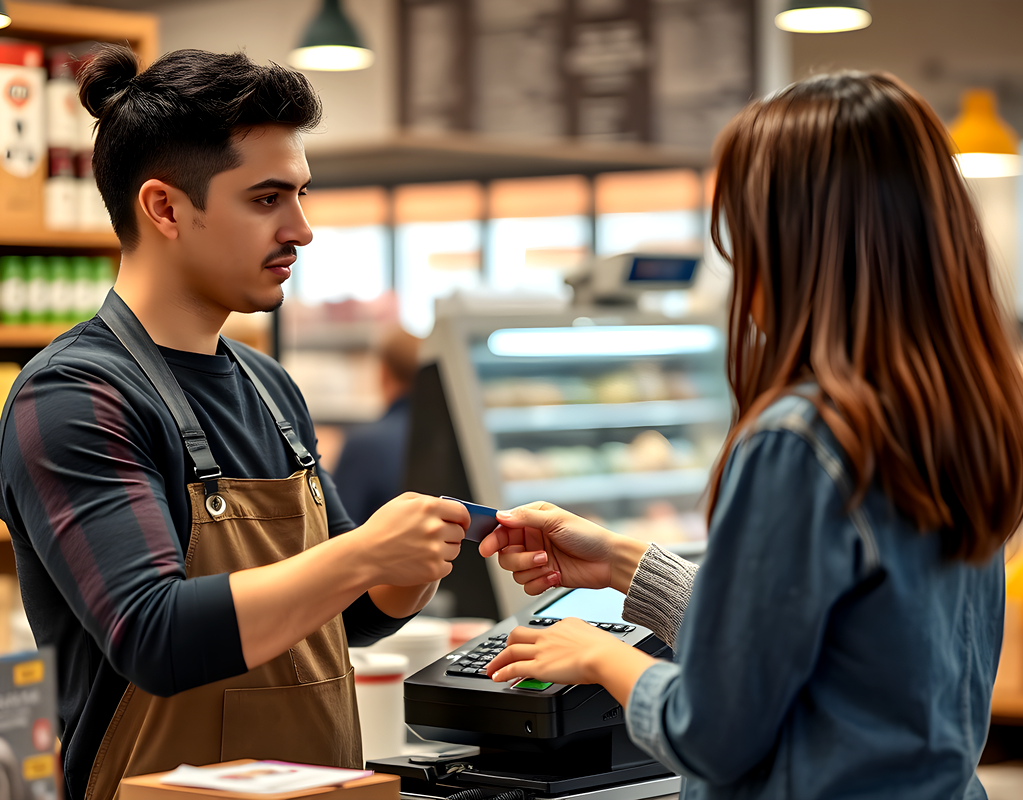 Person handing a credit card to a cashier at a store checkout counter.