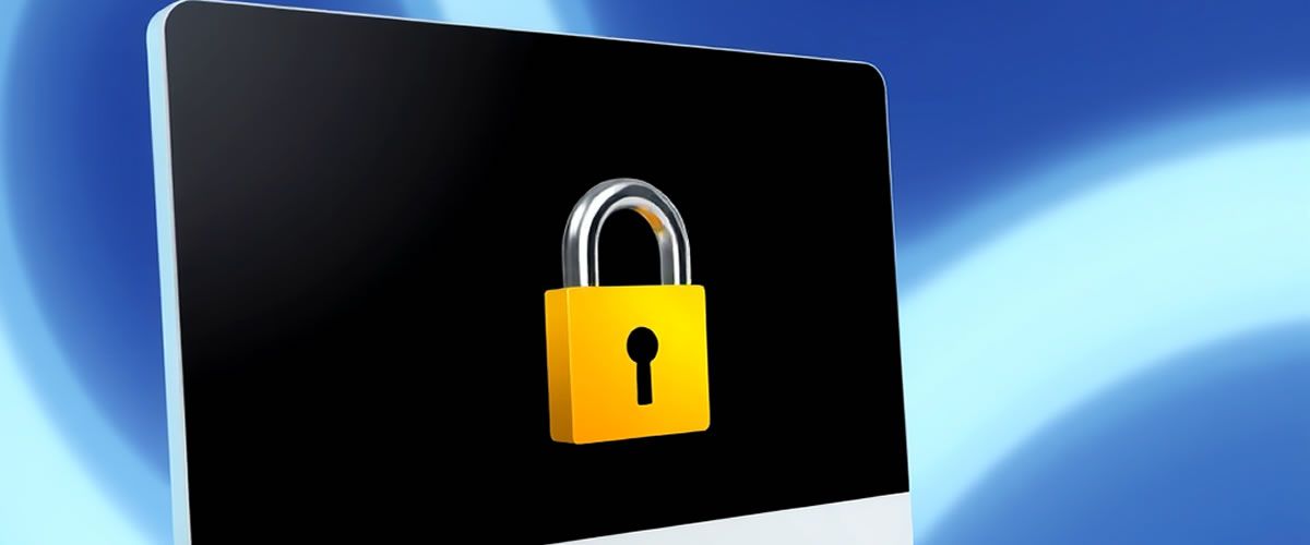 Yellow padlock on a black screen, symbolizing security, against a blue background.